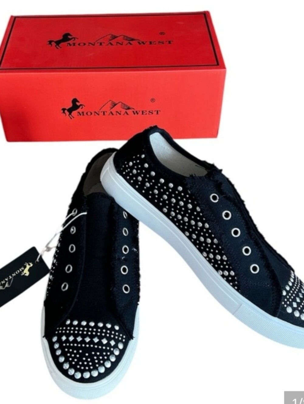NEW Montana West Black Soft Canvas & Silver Allover Stud Slip On Tennis Shoe 9